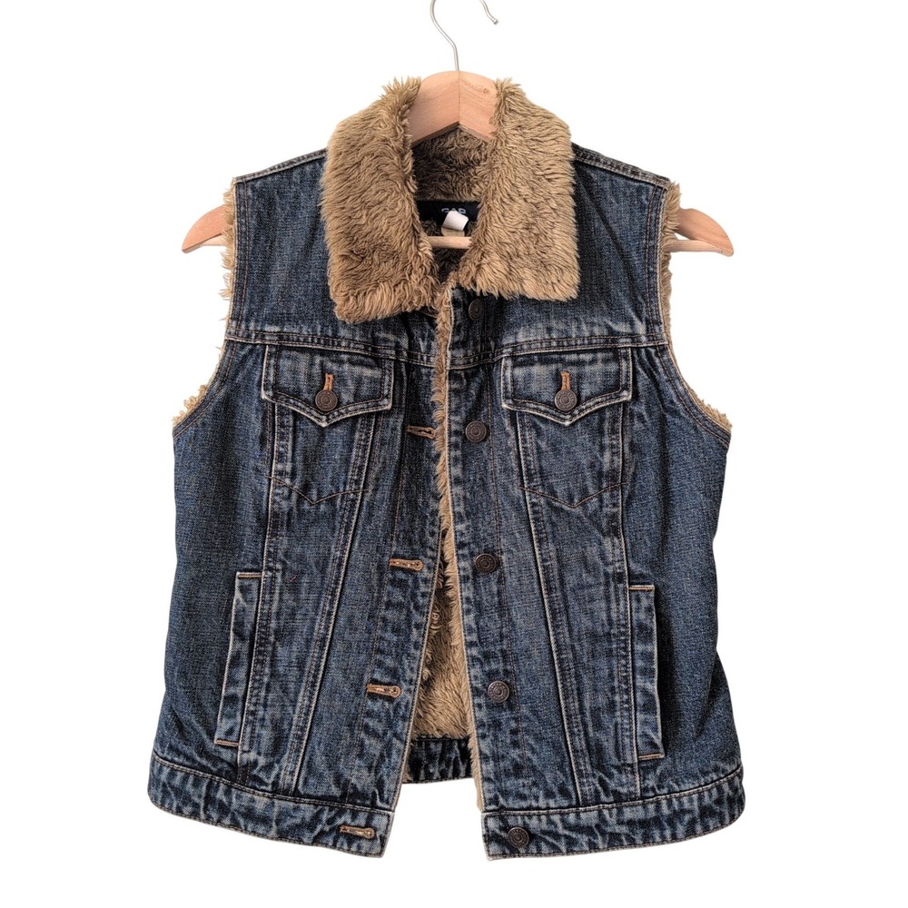 Vintage Gap Y2K Womens XS Denim Trucker Vest Faux‎ Fur Lined Medium Wash Blue